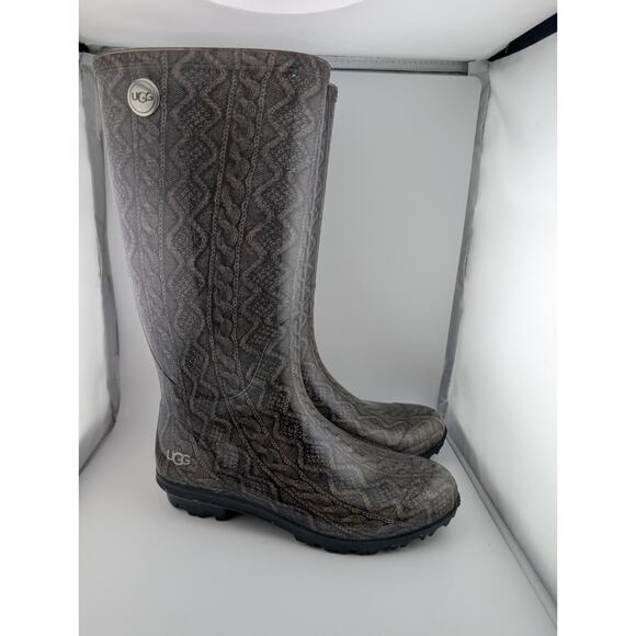 Ugg Rain Boots Size 7 Knee High Women's Gray Cable Knit Pattern Rubber - Picture 1 of 11